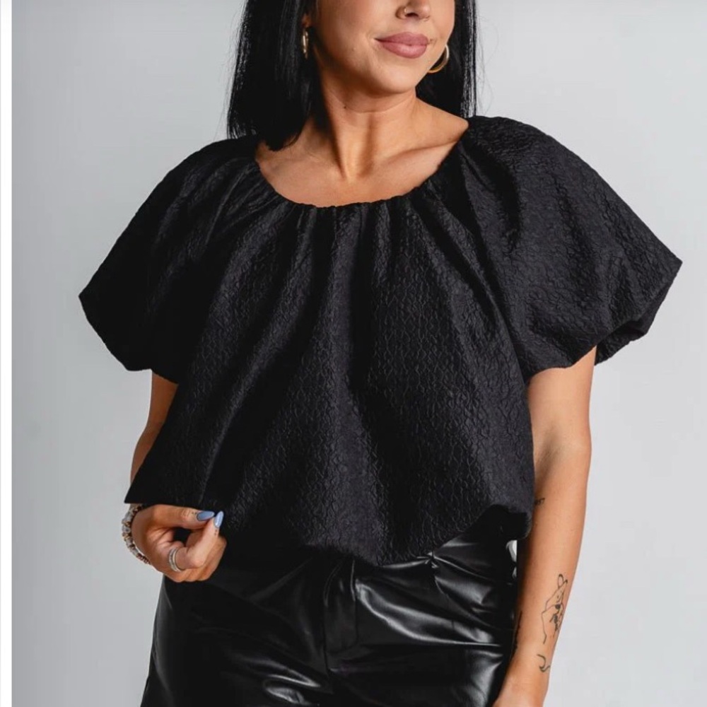 Mittoshop Textured Puff Sleeve Balloon / BUBBLE CROP TOP  Black Size Large